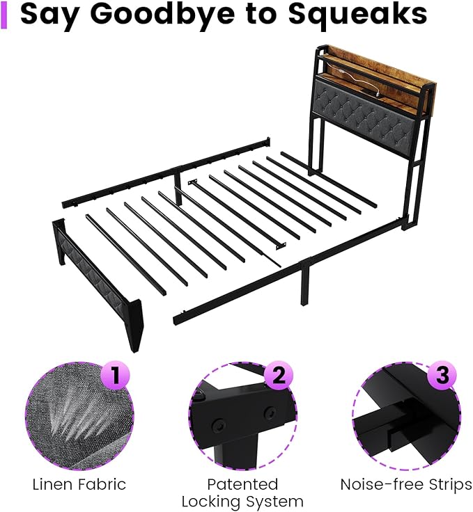 Winkalon Twin Led Bed Frame with Headboard, Bed Frame with Charging Station, Metal Platform Bed Frame Twin Size No Box Spring Needed, Modern Wood Upholstered Headboard and Under Bed Storage