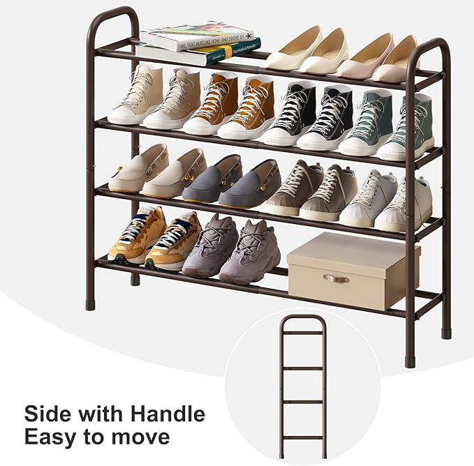 Metal Shoe Rack, Expandable Metal Shoe Rack for Closet, Entryway & Hallway (Brown, 4-Tier_Long)