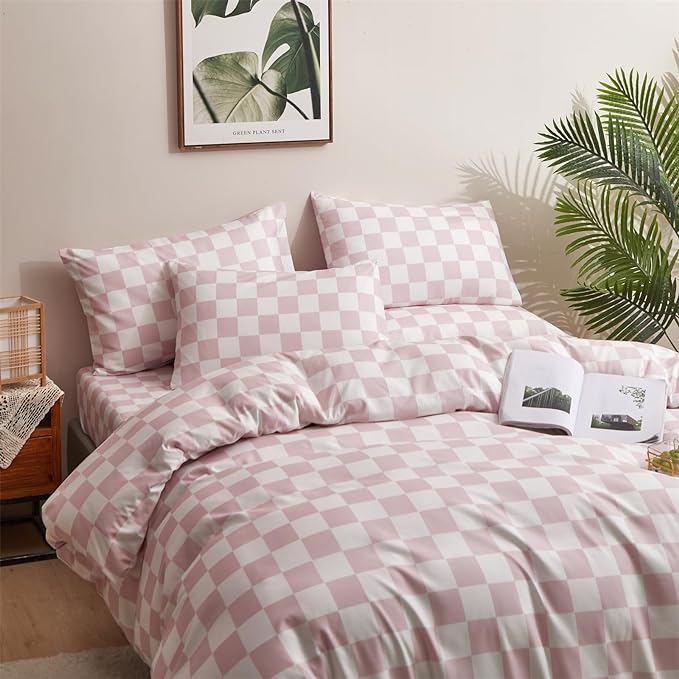 Pink and White Checkered Comforter Set Queen Comforter Set 3 Piece Bedding Set with Lightweight Comforter and 2 Pillowcases Soft Microfiber All-Season