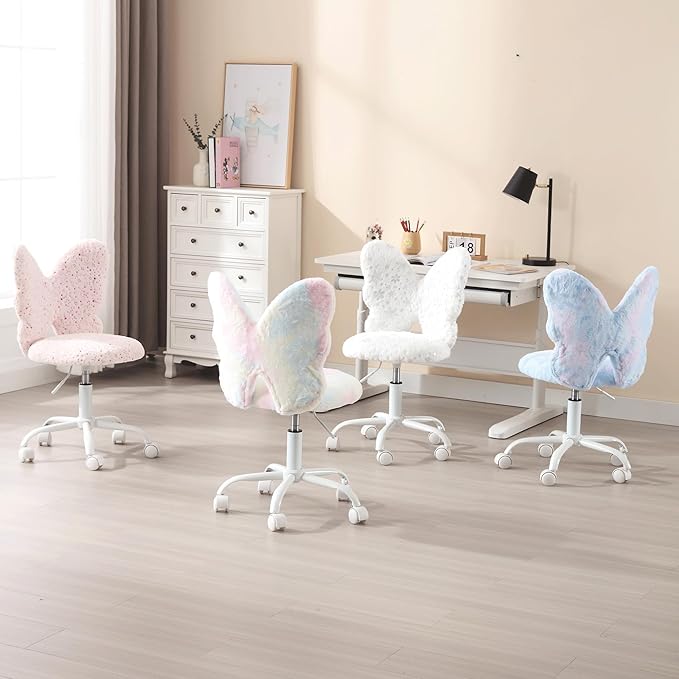 Butterfly Kids Desk Chair, Adjustable, Swivel, Faux Fur, White