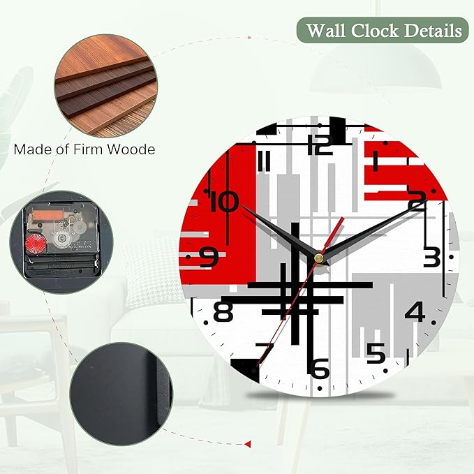 Wall Clocks Battery Operated,Red Black Abstract Line Clock for Living Room,Decorative Wall Clock for Living Room, Bedroom, Bathroom and Kitchen,10 Inch