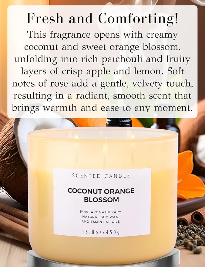 Coconut Orange Blossom 3 Wick Candle | Highly Scented Soy Candles for Home 15.8 oz, Summer & Tropical Scented Candle | Aromatherapy Stress Relief Candle, Relaxing Clean Burning Candles for Women & Men
