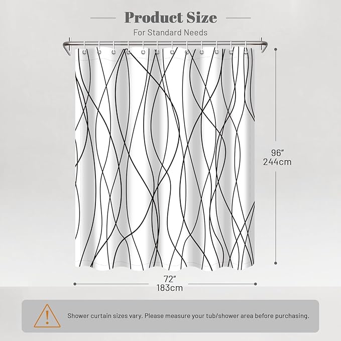 Punkray Black and White Striped Wavy Line Polyester Shower Curtain for Bathroom with Hooks, Extra Long Shower Curtains 96 Inches Long, Weighted Hem, Waterproof Bath Accessories