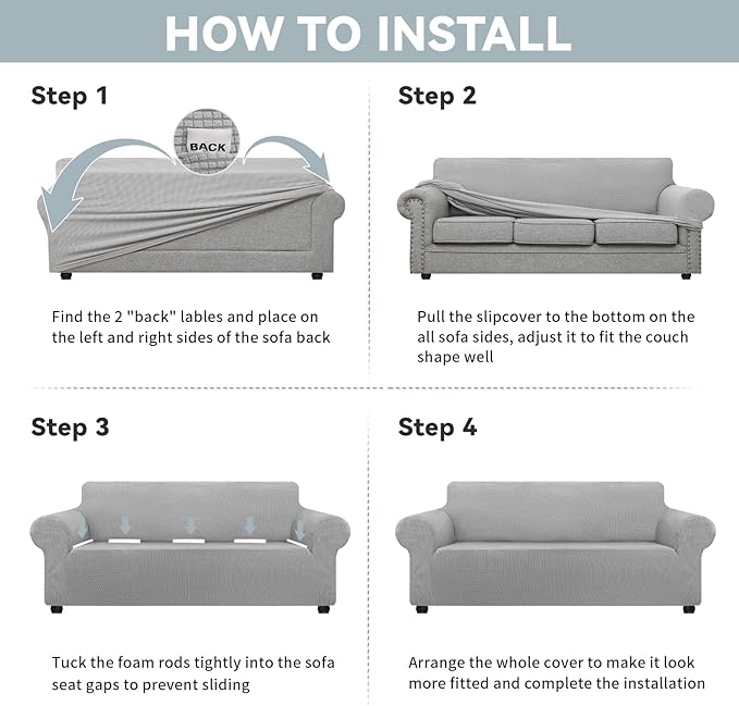 LURKA Stretch Oversized Sofa Slipcovers 1 Piece Couch Covers for 3 Cushion Couch Sofa Furniture Protector Full Sofa Covers with Elastic Bottom for Kids and Pet (X-Large, Sliver)