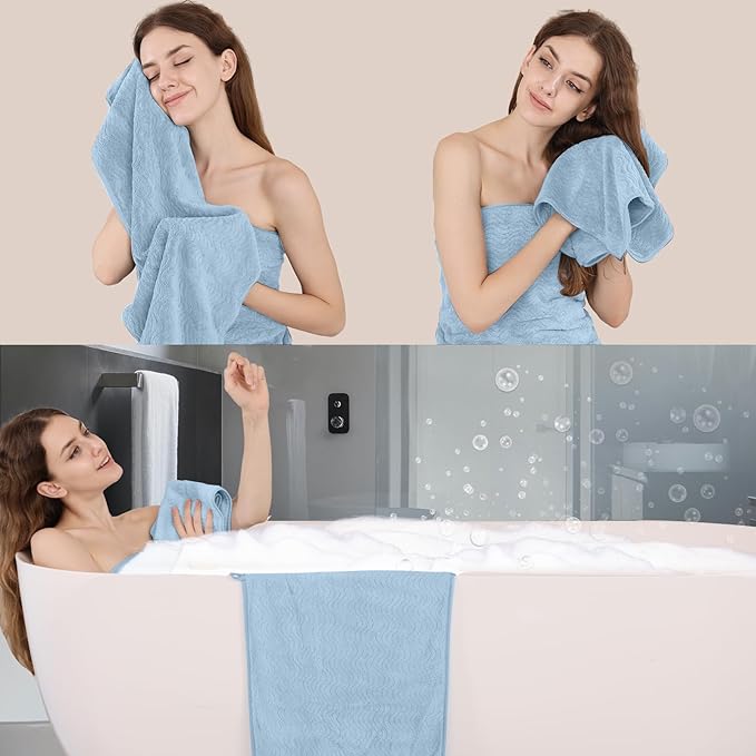 Blue Bathroom Towels Set Of 4, 35x70 Inches Oversized Bath Towels Extra Large Microfiber Shower Towels Textured Ultra Soft Absorbent Quick Dry Towel Bath Sheets Towels For Adults Bathroom Hotel Spa