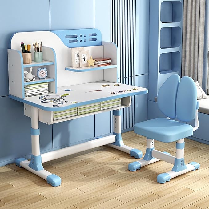 Small Desk, Standing Desk, Desk Chair Set, Height Adjustable Children School Study Table Chair Set with Astronaut Pattern, Ergonomic Desk Chair with Large Writing Board, Bookshelf and Drawer (Blue)