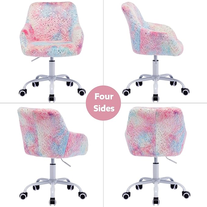 LukeAlon Kids Adjustable Desk Chair, Furry Study Chair with Swivel Base Cute Upholstered Faux Fur Reading Chair with Arms for Girls Children, Colorful