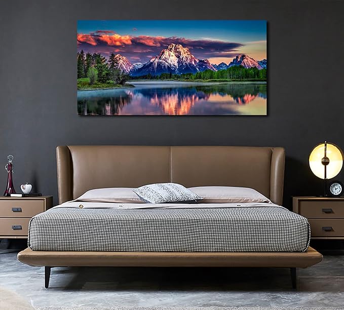Sunset Landscape Canvas Wall Art for Living Room Grand Teton Wyoming National Park Picture Wall Decor Snake River Mountain Forest Nautre Prints Artwork Bedroom Bathroom Office Home Decor 29" X 58"