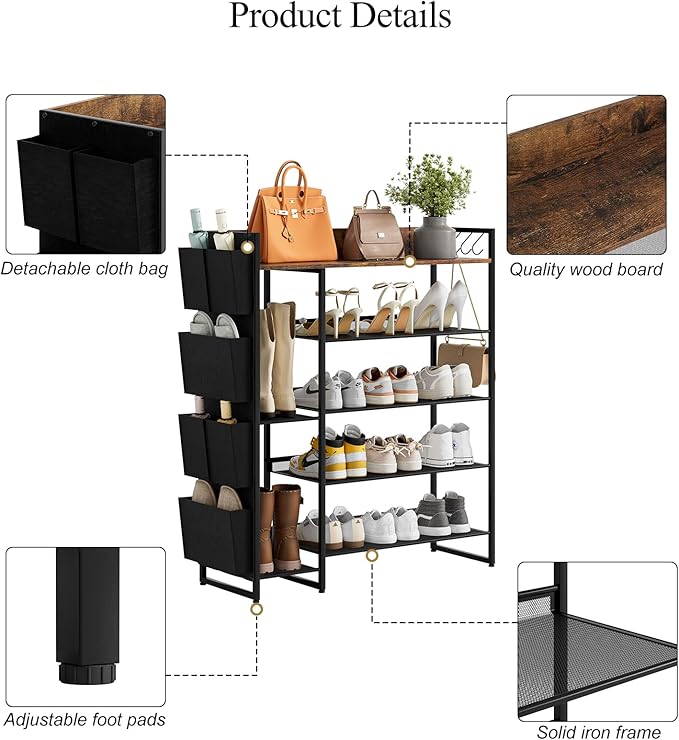 Brown 5-Tier Shoe Organizer - Free Standing Shoe Rack with Storage Bag for High Heels, Entryway, Hallways, Closets, Dormitory Rooms