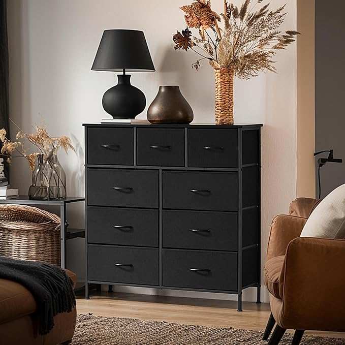 Sweetcrispy Dresser with 9 Drawers for Bedroom, Fabric Dresser Storage Tower, Chest of Drawers Organizer Unit, Storage Cabinet for Hallway, Closets, Steel Frame, Wood Top