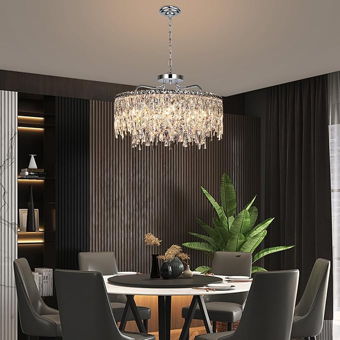 Luxury Crystal Chandelier, 24" Modern Round Dining Room Chandeliers Over Table,8 Lights Chrome Ceiling Pendant Ceiling Lighting for Living Room Bedroom Entryway Foyer Staircase