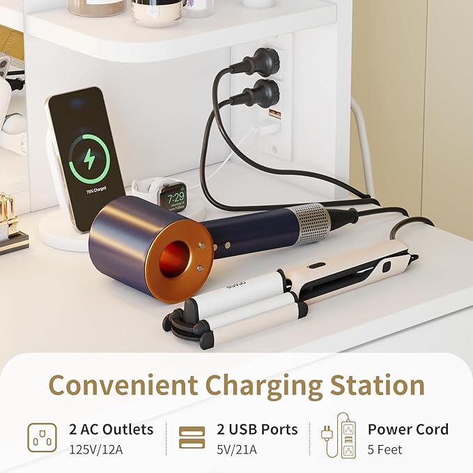 Garvee Vanity Desk with Lights | Tri-Mode LED Lighted Mirror & Charging Station | Makeup Vanity Set with 6 Shelves, 2 Drawers, Soft Cushion Stool | Dimmable Vanity Desk for Bedroom (White)