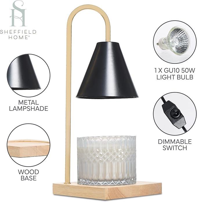Sheffield Home Glass Candle Warmer Lamp – Elegant Candle Warmer for Long-Lasting Fragrance, Sleek Design, 13x5.5, Black Iron Candle Warmer