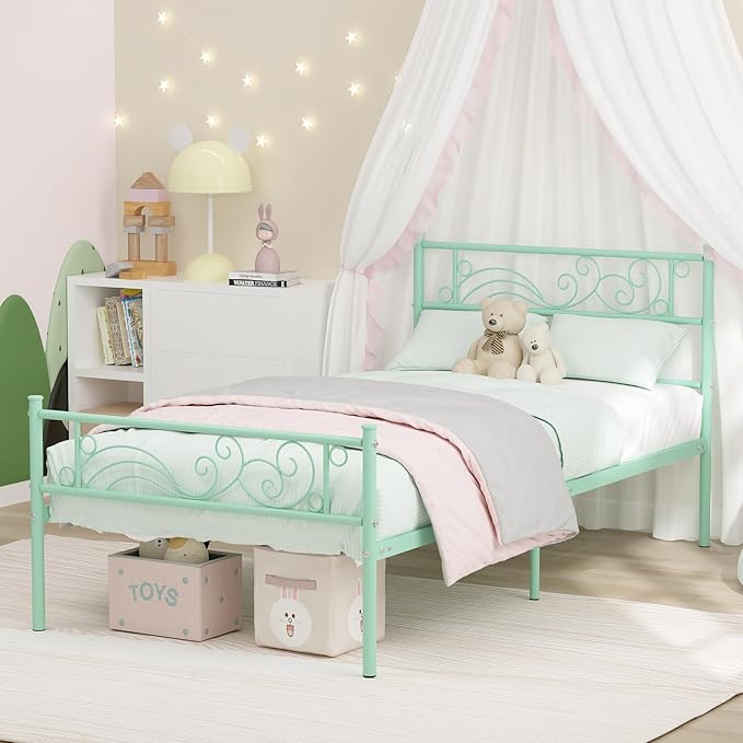Weehom Twin Bed Frames with Headboard, Heavy Duty Metal Platform No Box Spring Needed Under-Bed Storage Easy Assembly Twin Sized Bed for Kids Girls Adults,Mint Green