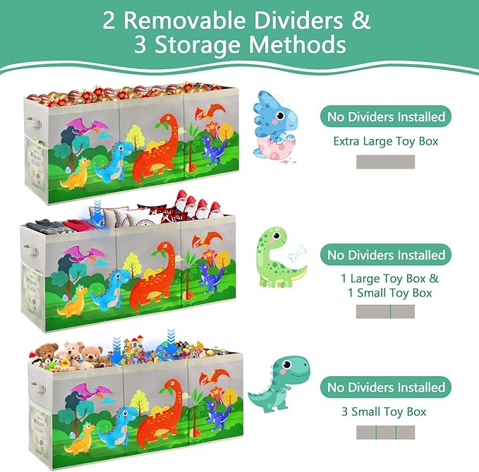 Extra Large Toy Box Chest with Lids, Collapsible Toy Storage Organizer for Kids, Dinosaur Toy Bin Box for Toddlers Boys Girls, Toy Organizer for Living Room Nursery Playroom Bedroom Home Grey