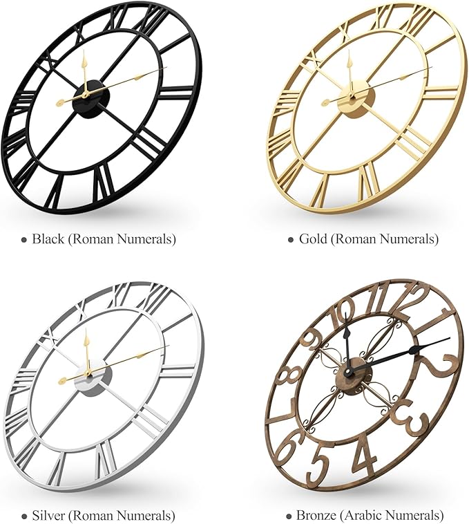 Wall Clock Large Gold Clocks 20 Inch, Silent Non-Ticking Battery-Operated Modern Metal Round Wall Clock Decorative for Living Room, Kitchen, Mantel - Roman Numerals