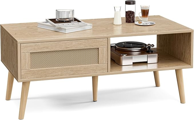 Wood Coffee Table with Storage, Boho Dining Table with Sliding Rattan Door Panel and Solid Wood Legs, Small Coffee Tables for Living Room, Oak (Oak_LSJ008)