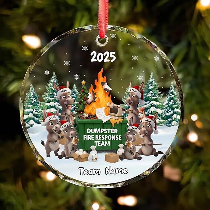 NAZENTI Personalized Funny Donkey Fire Response Team Glass Ornament, Custom Flaming Dumpster Holiday Piece, Coworker Christmas Tree Hanging Decoration