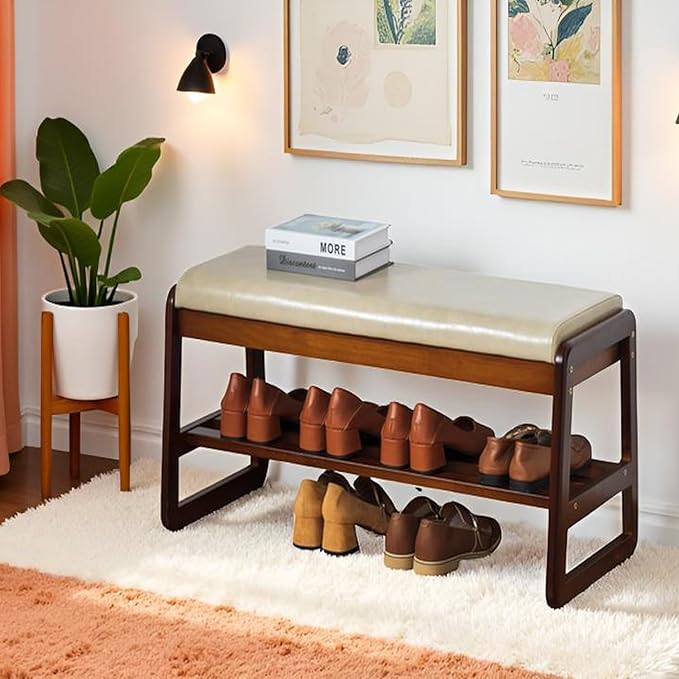 latifolia Solid Wood Bench, Entryway Shoe Bench with Cushion, 2 Tier Shoe Storage Organizer for Hallway, Living Room(Grey,31.50''L)