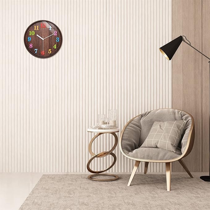 Topkey 12”Silent Round Wall Clock for Children Non-Ticking Colorful Arabic Numerals Easy Read Clock for Living Room, Bedroom,School and Nursery Battery Not Included - Brown