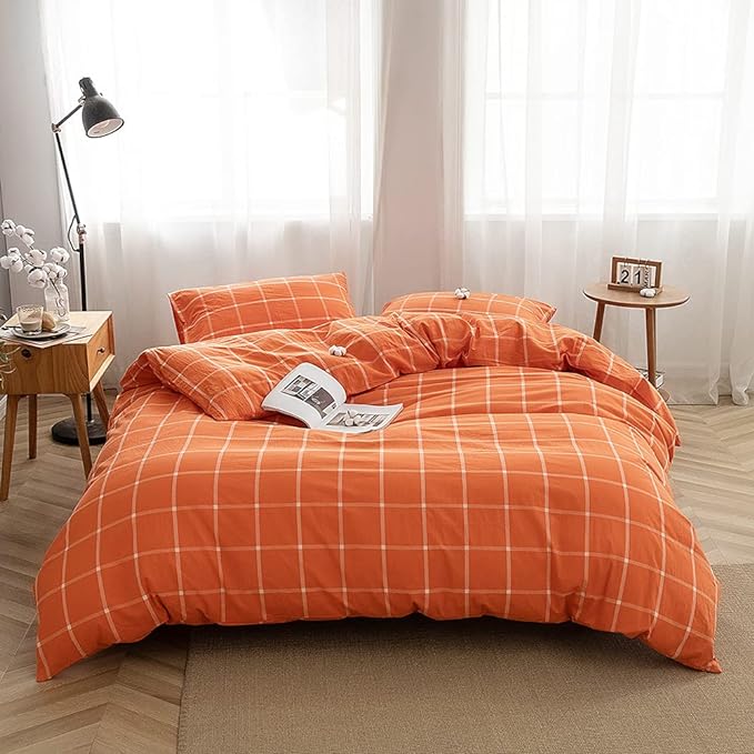 FACE TWO FACE Bedding Duvet Cover Set 3 Pieces 100% Washed Cotton Duvet Cover Linen Like Textured Breathable Durable Soft Comfy (King, Orange Grid)