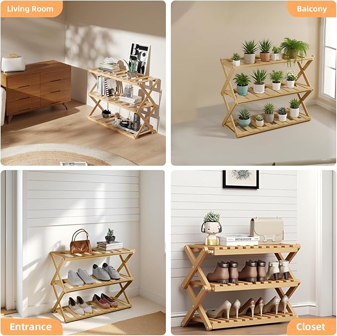 3-Tier Bamboo Shoe Rack, Foldable Shoe Storage Organizer for Closet, Bedroom, Entryway & Living Room - Portable No-Assembly Design, Space-Saving for Shoes & Accessories(3 Tier) (Wood)