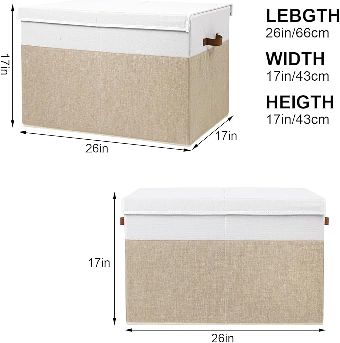 Large Toy Storage Box with Lid, Sturdy Toys Storage Chest Bin Organizer Basket with Dividers for Kids, Boys, Girls, Nursery, Closet, Bedroom, Playroom 26"x17" x17" (Beige and White)