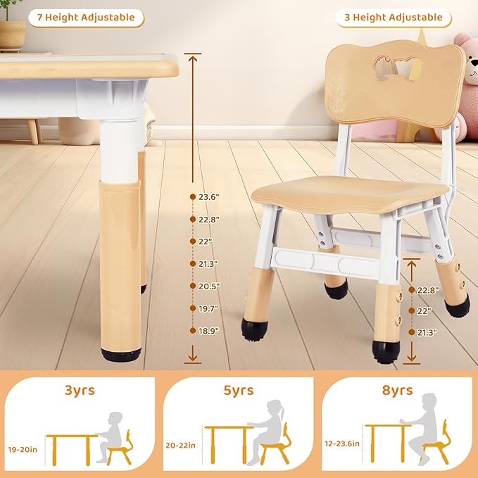 Arlopu Kids Table and 4 Chair Set, Height Adjustable Toddler Table and Chair Set, Non-Slip Legs, Graffiti Desktop, Large Children Activity Table, Reading Daycare Classroom Home (Beige)