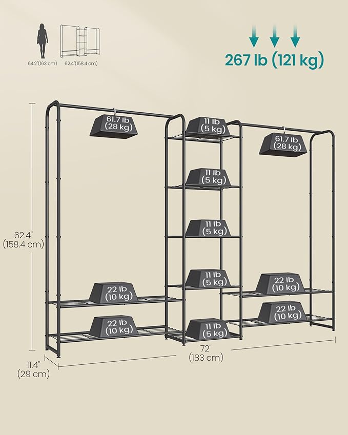 SONGMICS Wardrobe Closet, 72 Inch Large Portable Closet, Clothes Rack for Hanging Clothes,Heavy Duty Garment Rack, Storage Organizer with Shelves, 72 x 11.4 x 62.4 Inches, Black ULGR463B01