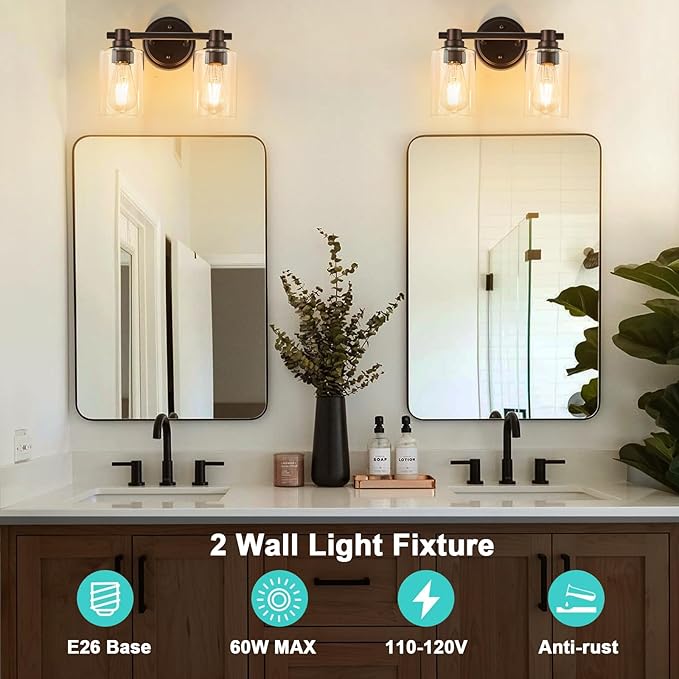 Bathroom Light Fixtures Wall Sconce Light with Clear Glass Oil Rubbed Bronze 2 Lights Bathroom Lighting Over Mirror Vanity Lights for Living Room,Bedroom,Restroom,Hallway E26 Base