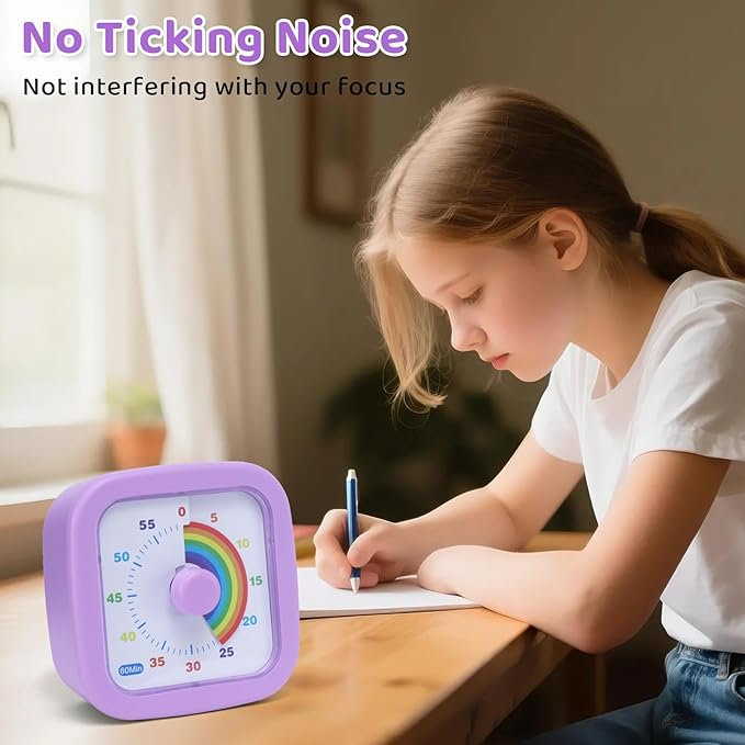 60 Minute Visual Timer for Kids and Adults, Square Countdown Timer with Rainbow Pattern, Desk Timer Kids Time Kitchen Timer Management Tools for Classroom Office Home, Purple
