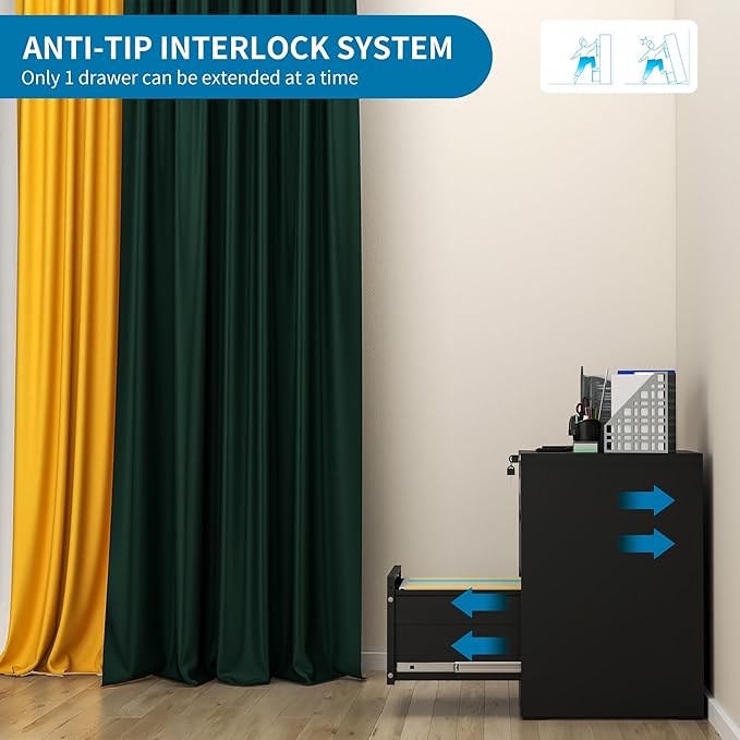 AQY 2 Drawer File Cabinet with Lock, Metal Black Filing Cabinet for Home Office, 18" Deep Heavy Duty Vertical Storage Cabinet for Hanging A4/Letter/Legal Size Files, Assembly Required