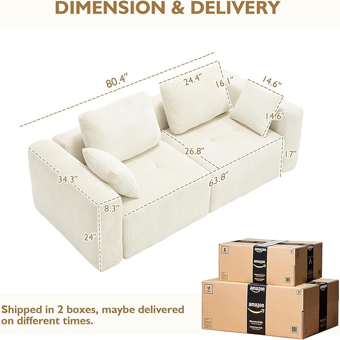 80.4" Modular Sectional Sofa Loveseat Couch for Living Room, Comfy Cloud Sofa Modern 2-Seat Sofa, Corduroy Upholstered Boneless Couch with Deep Seat, 4 Pillows, Beige