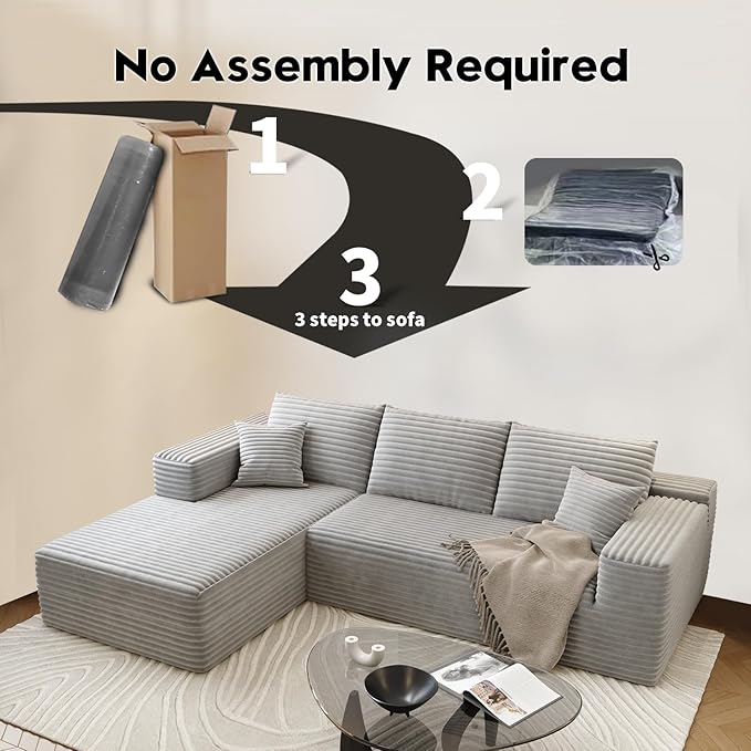 107.5" Cloud Sectional Couch with L-Shape Chaise,Modern Modular Sofa with Deep Seat, Upholstered Couches for Living Room Bedroom Apartments,No Assembly Required, (Grey,Left Facing Chaise)