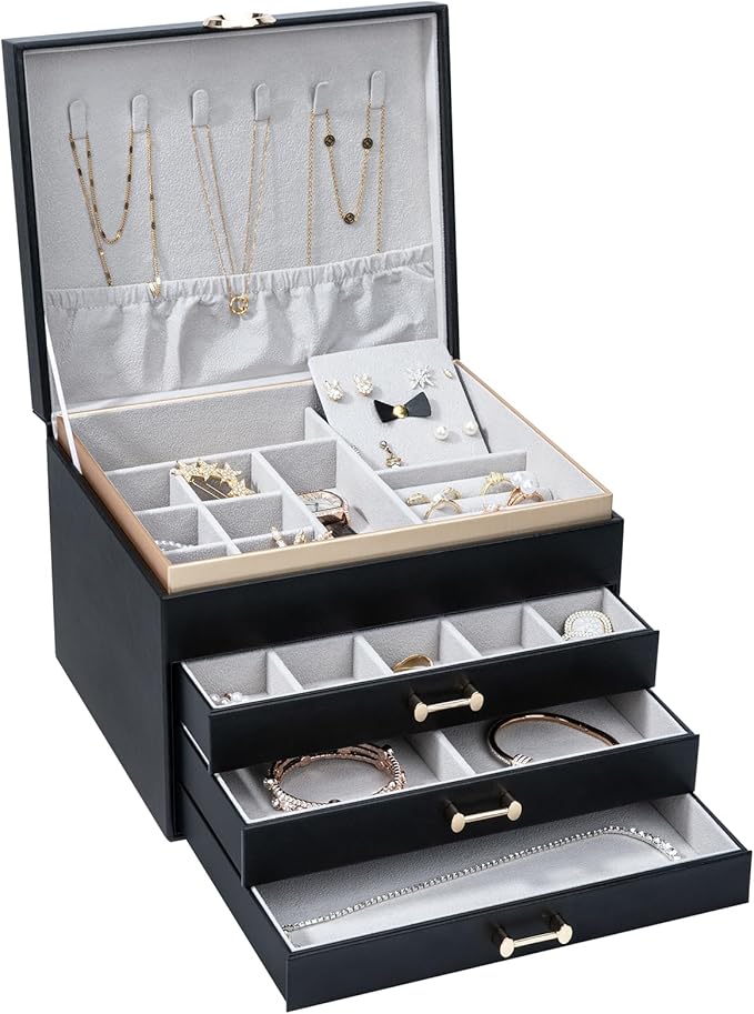 Jewelry Box,4-Layer Large Jewelry Organizers for Women with 3 Drawers,Storage Modern Style Jewelry Boxes Storage of Earrings Rings Bracelets Necklace(Black)