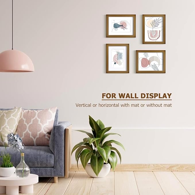 KINLINK 6x8 Picture Frame Brown, Solid Wood Frames with Acrylic Plexiglass for Pictures 4x6 with Mat or 6x8 without Mat, Tabletop and Wall Display Photo Frame, Set of 4