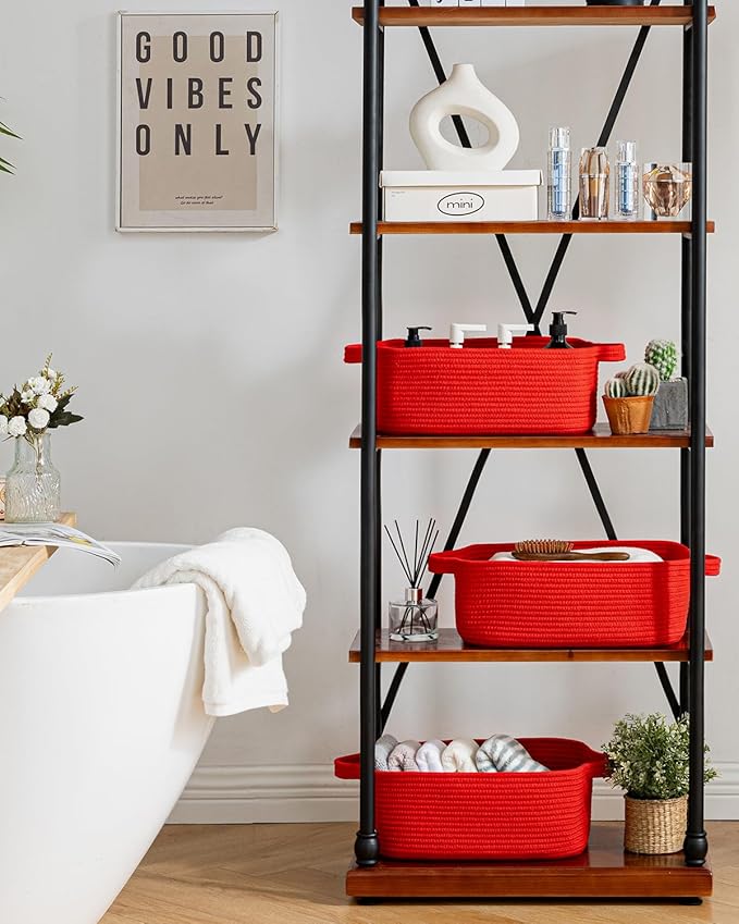KALLAX Small Woven Basket, 14 x 10 x 5.6 Inches, Small Storage Baskets for Organizing, Gift Baskets Empty, Cute Rope Shelf Closet Storage Bins for Shelves, Dog Toy Basket, Red
