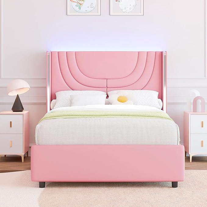 Pink Twin Bed Frame with LED Lights, Faux Leather Upholstered Platform with Silver Wingback Headboard, Modern Style, No Box Spring Needed, Easy Assembly