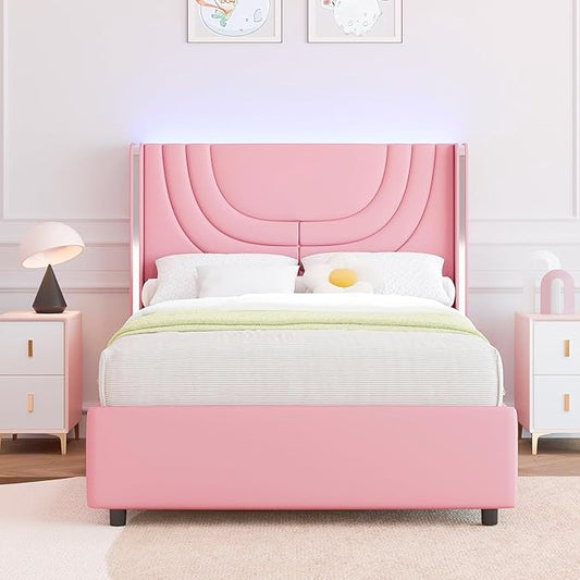 Pink Twin Bed Frame with LED Lights, Faux Leather Upholstered Platform with Silver Wingback Headboard, Modern Style, No Box Spring Needed, Easy Assembly