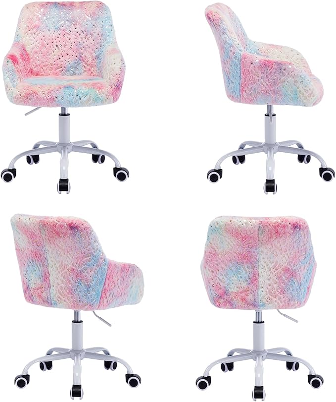DUOMAY Kids Desk Chair, Faux Fur Colorful Upholstered Computer Chair for Boys and Girls, Cute Study Swivel Height Adjustable Arm Chair for Child