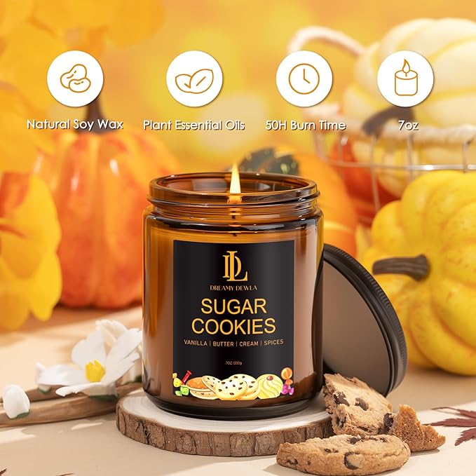 Fall Candle | Sugar Cookies Scented Candle - Autumn Home Decor, 7oz Autumn Soy Candles with 50hr Burn Time, Holiday Thanksgiving Fall Gifts for Women Men