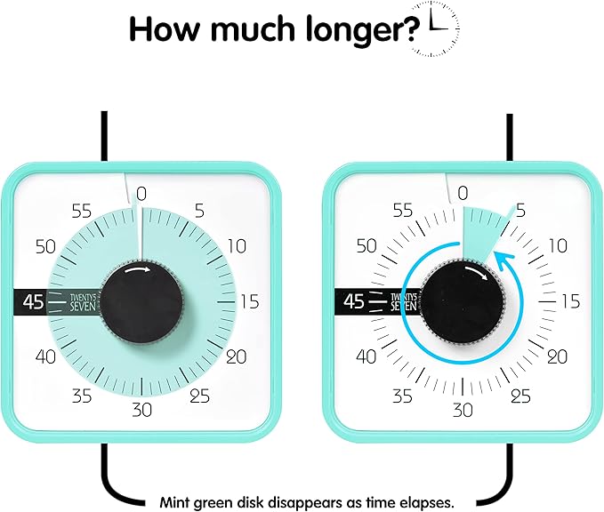 TWENTY5 SEVEN Countdown Timer 7.5 inch; 60 Minute 1 Hour Visual Timer – Classroom Teaching Tool Office Meeting, Mechanical Countdown Clock for Kids Exam Time Management Magnetic, Mint Green