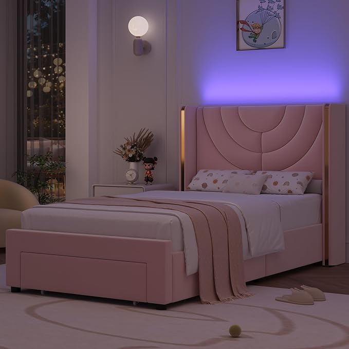 HITHOS Twin Upholstered LED Bed Frame with Storage Drawer, Velvet Kids Bed with Wingback Headboard, Princess Twin Platform Bed for Girls/Kids, Solid Wood Slats Support, No Box Spring Needed, Pink