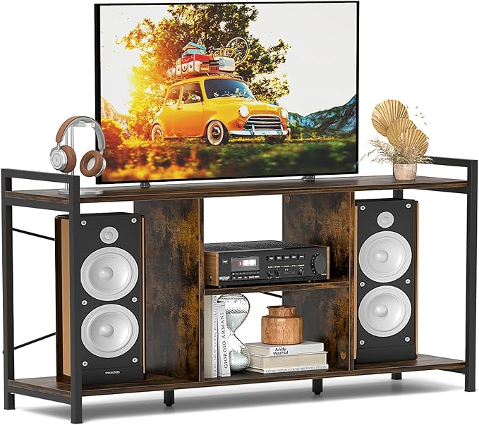 Tangkula Industrial TV Stand for 55” TVs, Entertainment Center with 4 Open Shelves, 3-Tier Media Console Table with Heavy-Duty Metal Frame & Side Guardrails for Living Room (Rustic Brown, 47" L)