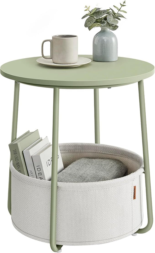 VASAGLE Small Round Side End Table, Modern Nightstand with Fabric Basket, Laurel Green and Cream White ULET223C69