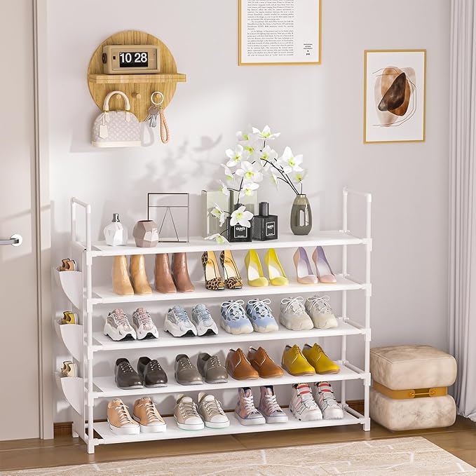 5 Tier Shoe Organizer, 33.3in Wide x 11.2in Deep x 35.6in Tall, Black Metal and Plastic Shoe Rack with Side Bag, Holds 20-25 Pairs of Shoes