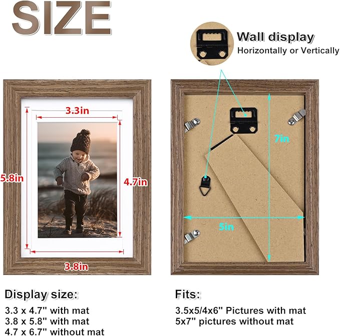 KINLINK 5x7 Picture Frame Rustic Brown, Solid Wood Frames with Acrylic Plexiglass for 3.5x5/4x6 with Mat or 5x7 without Mat, Tabletop and Wall Display Photo Frame, Set of 4