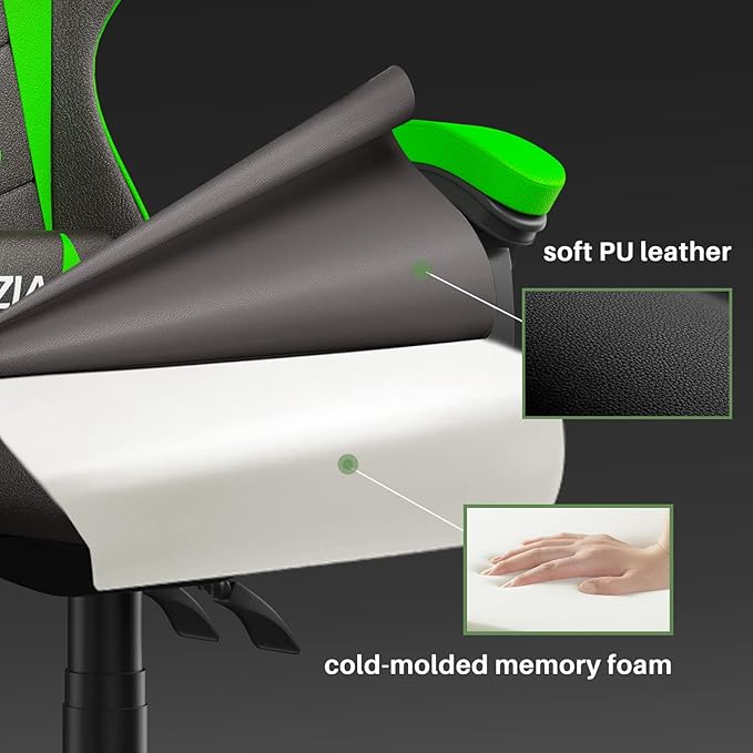Gaming Chair High Back, Ergonomic Computer Gamer Chair with Headrest and Lumbar Support, Racing Style Reclining Game Chair for Adults, Kids (Green-Black)