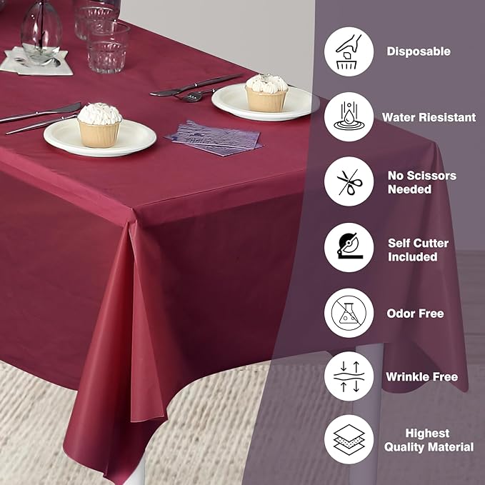 Craft And Party, 54 in x 100 feet Plastic Table Cover Roll for Party, Banquet, Picnic, Kids Activities for Any Size and Shape Table (Burgundy, 54" x 100ft)