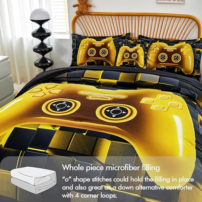PERFEMET 6 Pcs Twin Bed in A Bag for Boys Girls Black Gold Video Game Comforter Set with Sheets Soft Cozy 3D Gamepad Gaming Bedding Set for All Seasons(Gold, Twin)